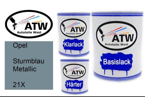 Opel, Sturmblau Metallic, 21X: 1L Lackdose + 1L Klarlack + 500ml Härter - Set, von ATW Autoteile West.
